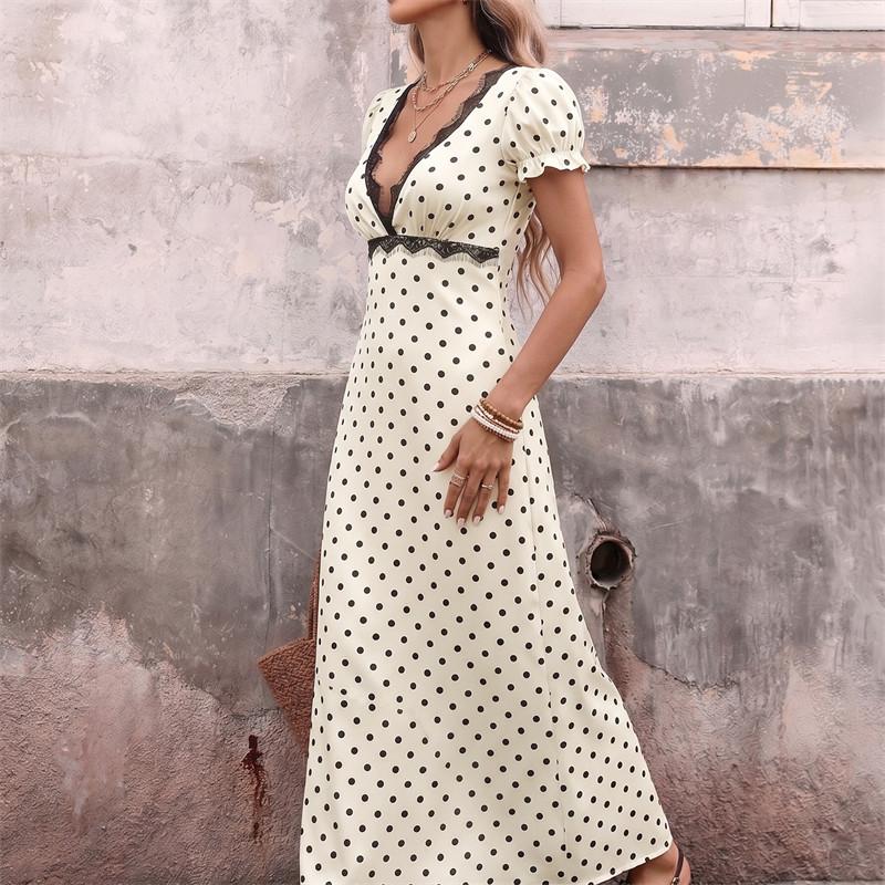 Spring Summer Women's Polka Dot Lace V-neck Bubble Sleeve Dress S-XL