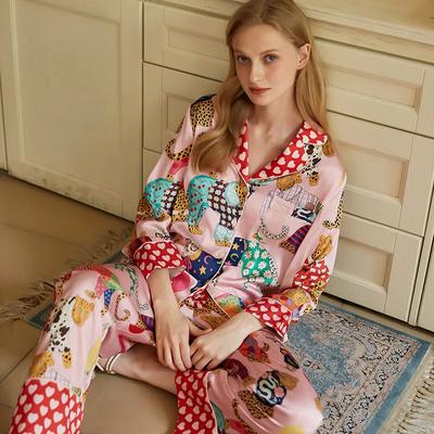 Pijama Nuevo para Mujer, Traje de Manga Larga de Seda Helada de Otoño, Ropa de Casa Fina Estampada