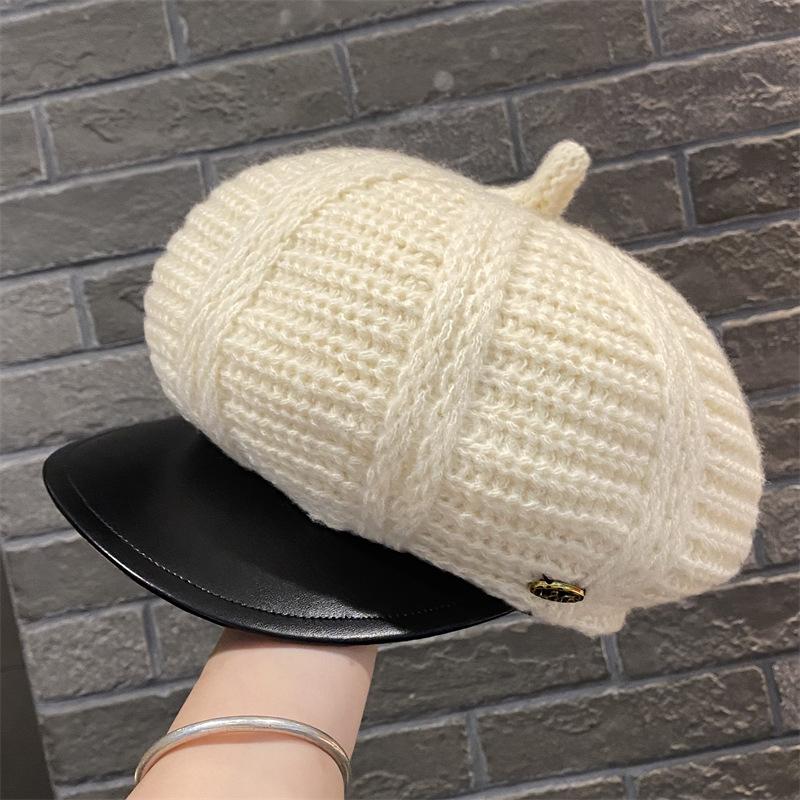 Simple big head circumference knitted beret women's spring and autumn British retro face small octagonal hat PU newsboy hat