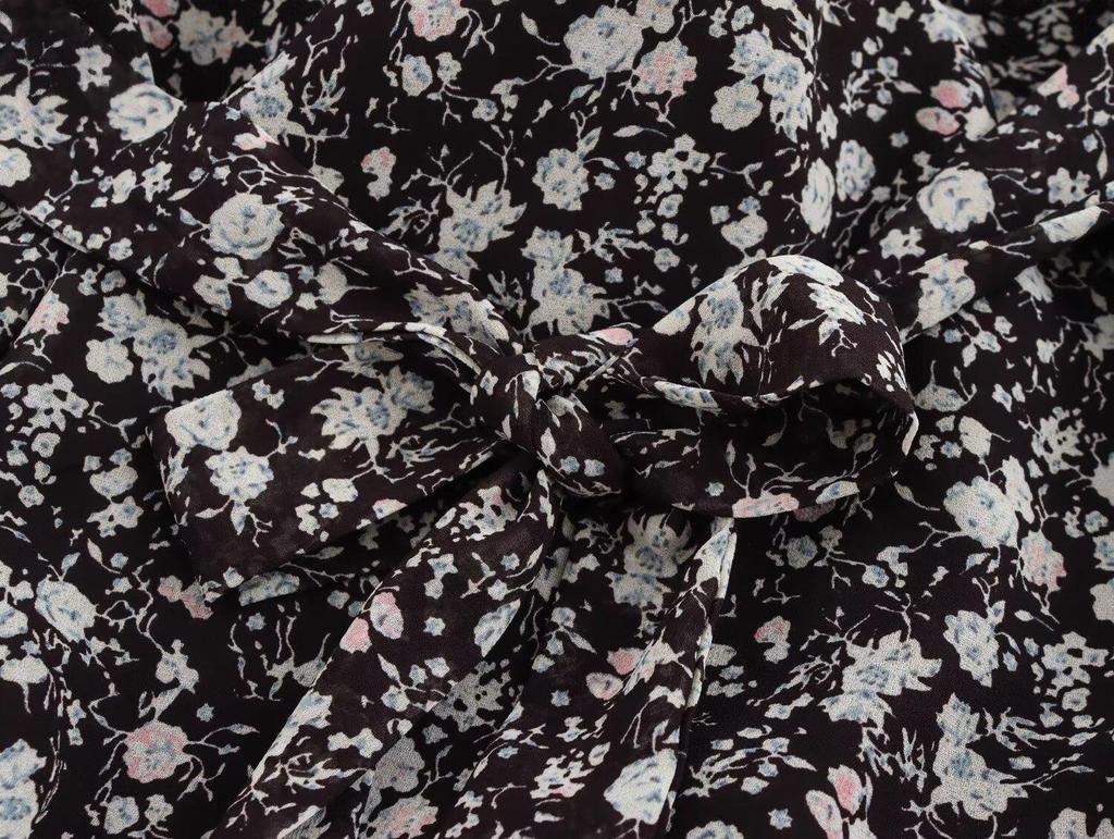 Spring 2025 Women's European & American Style V-Neck Chiffon Floral Waist-Hugging Long Dress