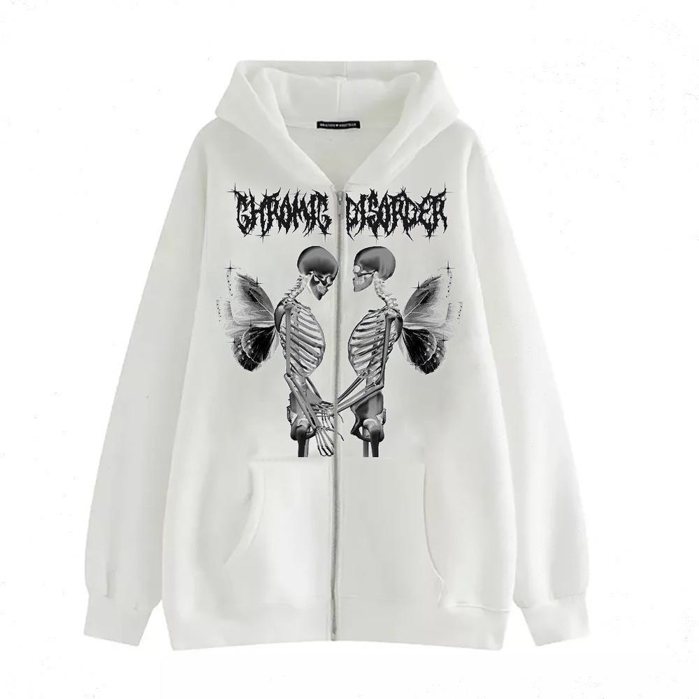 Cross-border new product spot skull wings hooded zipper sweater women's fleece thickened loose sports cardigan sweater women's
