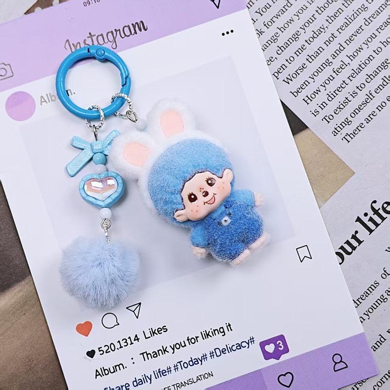 Resin Flocking Monchichi Keychain Cute Monkey Baby Trendy Keyring Cartoon Pendent Keys Bags Hanging Accessories Small Gifts