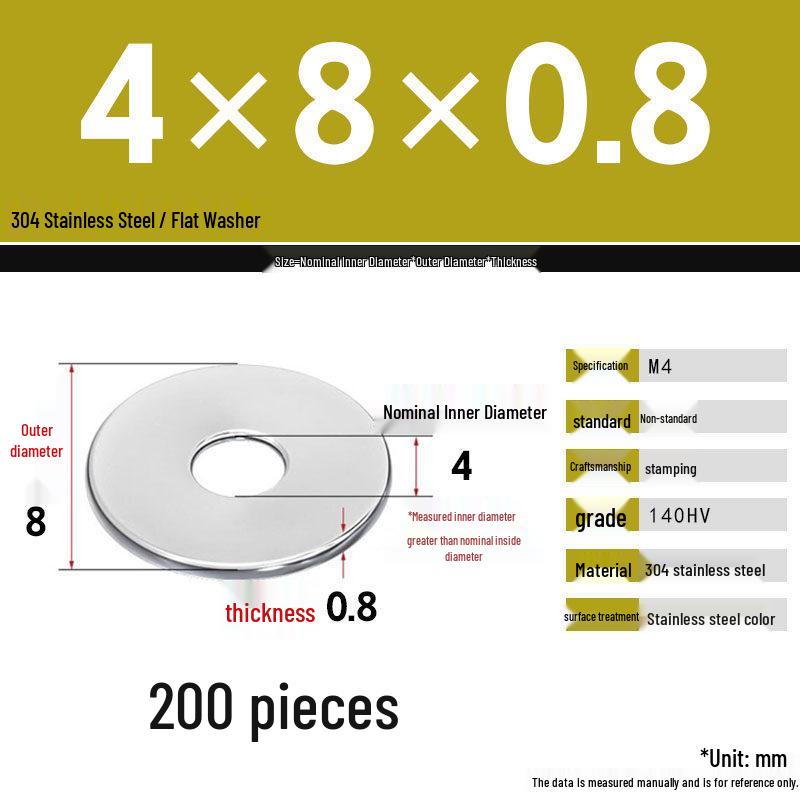 304 Stainless Steel Thickened Flat Washer Set, Sizes 2-36