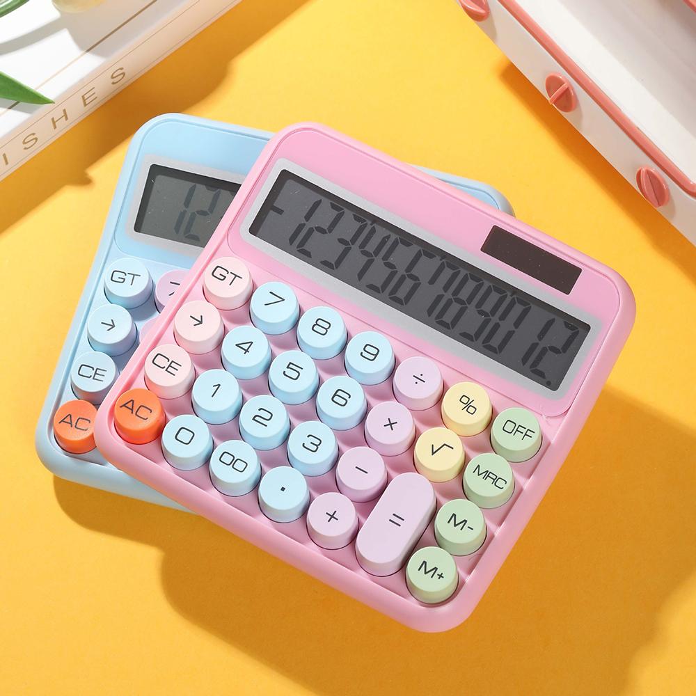 Mechanical Calculator 12 Digit Large LCD Display Big Round Button 15 degrees Tilt Screen Cute Candy Colored Dual Power