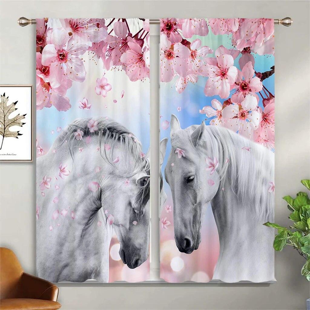 

Шторы с принтом серии животных, карманные шторы с изображением лошадиного цветка и динозавра, подходят для гостиной, спальни, кухни 2 шт. W50xH130(CM)x2PCS-Grommet Top