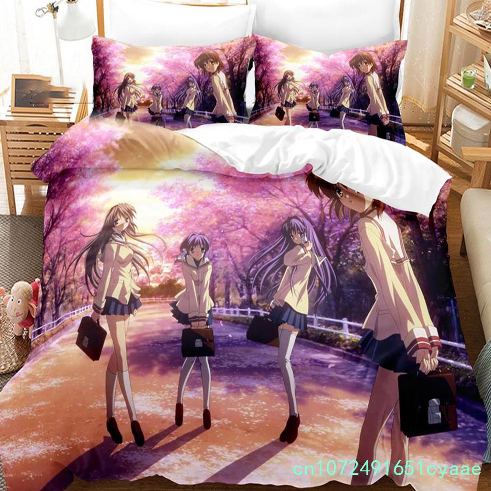 Anime Clannad Nagisa Furukawa Ložní souprava pro chlapce a dívky, velikost Twin Queen Size, povlak na peřinu a polštář, postel pro děti a dospělé, domácí textilní oblečení