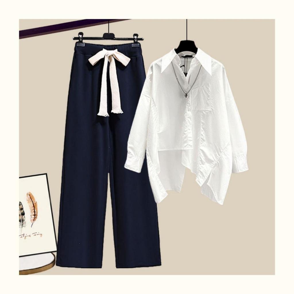 Spicy Girl Spring/Autumn Two-Piece Set: Wide-Leg Pants + Patchwork Shirt Top for Women 2026