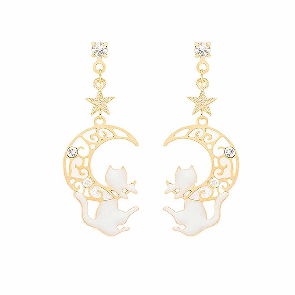 

Chynian Earrings Cat Crescent Moon Dangling Japanese Style Cute Hypoallergenic Gift for Women Accessories Cat (White Earrings)