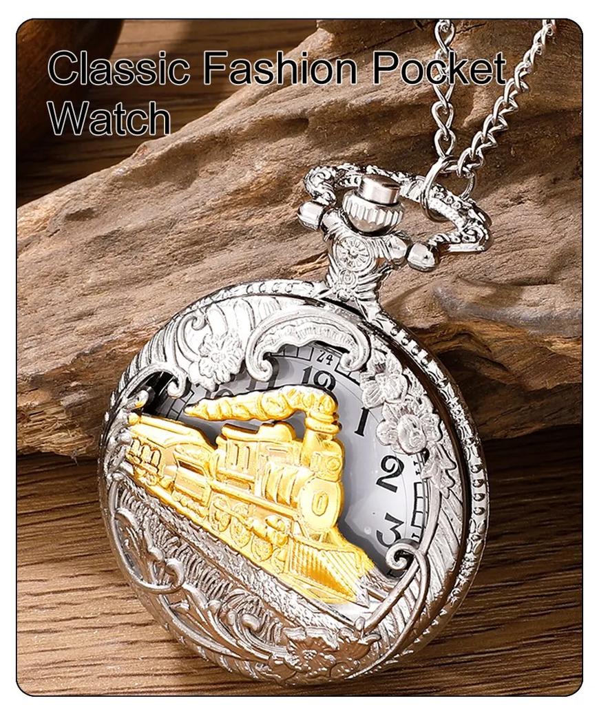 Klassisk Antik Ånglok Design Fickur med Kedja Halsband Vintage Kvarts Hänge Klocka Kedja för Män Kvinnor Barn