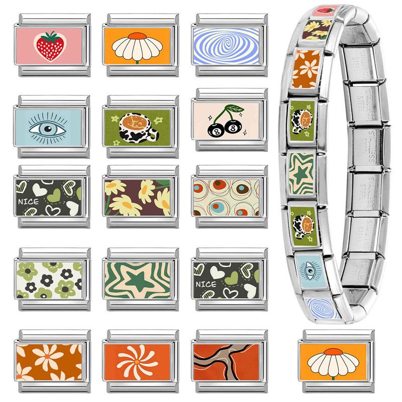 Creative Sunflower Coffee Star Strawberry Eyes Butterfly Italian Charm Links Fit 9mm Stainless Steel Bracelet DIY Making Gift