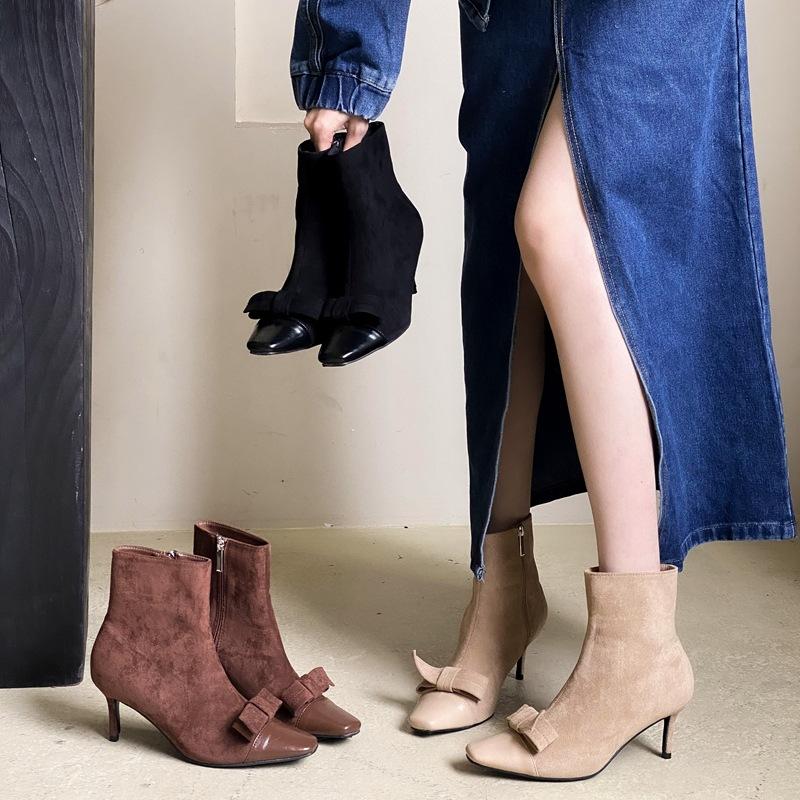 Mode Femme Automne Hiver Bottines Courtes à Talons Hauts en Daim Élégantes à Bout Carré Stiletto Slim Fermeture Éclair