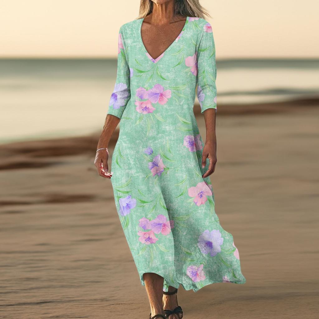 Dresses For Womens Vintage Print Tunic Waisted Midi Dress Summer Casual  3/4 Sleeve Dress