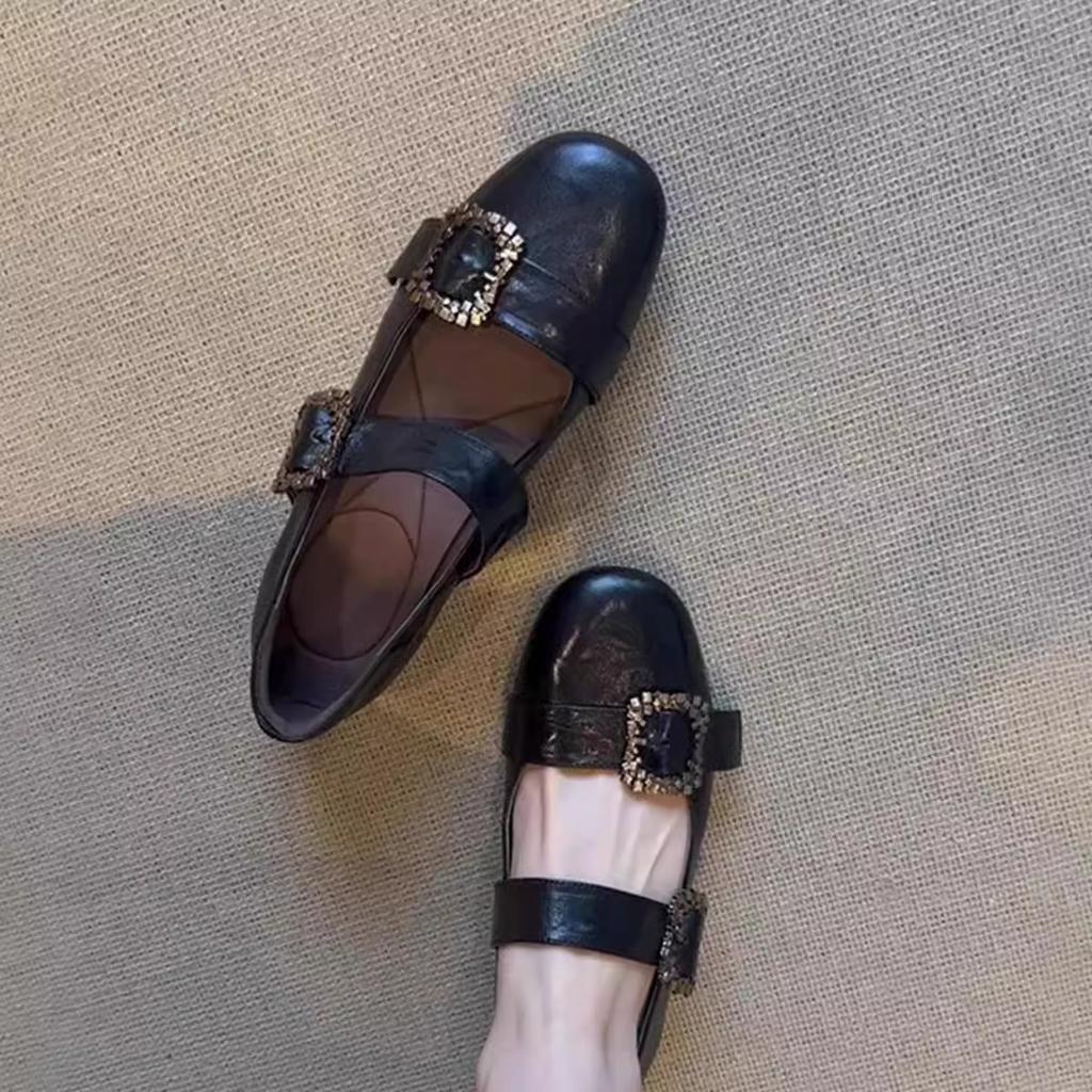 Blauer Schrank Französische Einzel Schuhe Damen Flache Pendler Ballerinas Sanfte Abendschuhe mit Rock Ein-Wort Schnalle Mary Jane Schuhe
