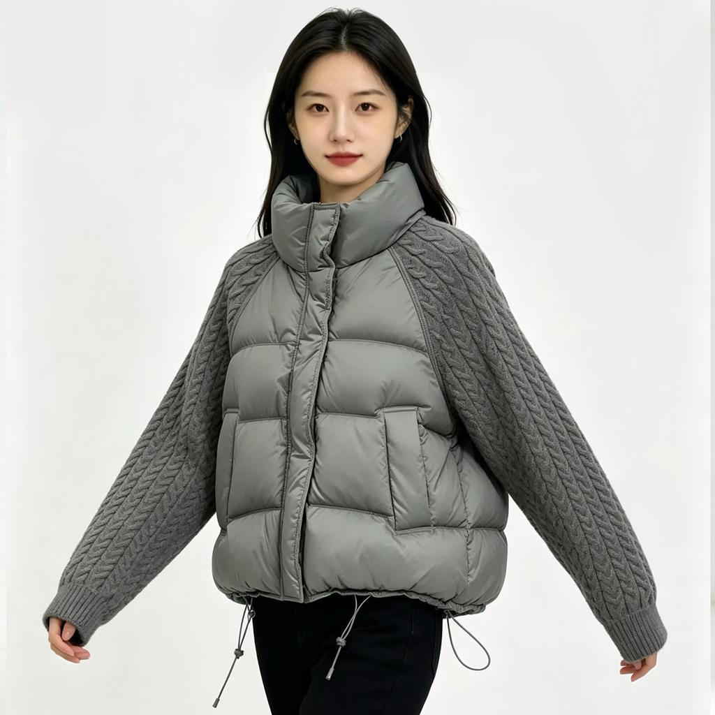 Knitted splicing stand-up collar cotton clothes women's short winter loose warm cotton clothes women's clothing spot