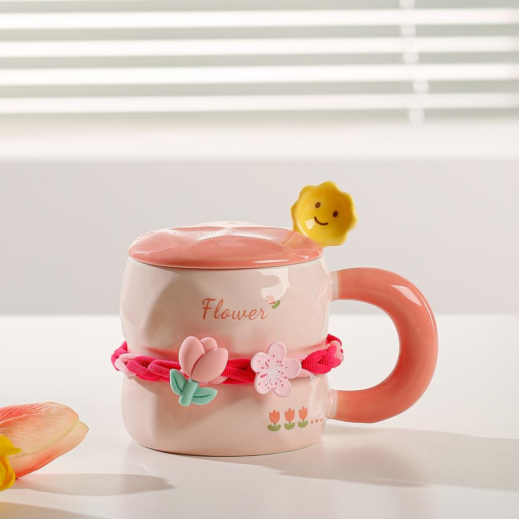 Tulip Mug with Lid Spoon High End Sense of Girls' Flowers Ceramic Cup High Looking Cute Ins Household Water Cup