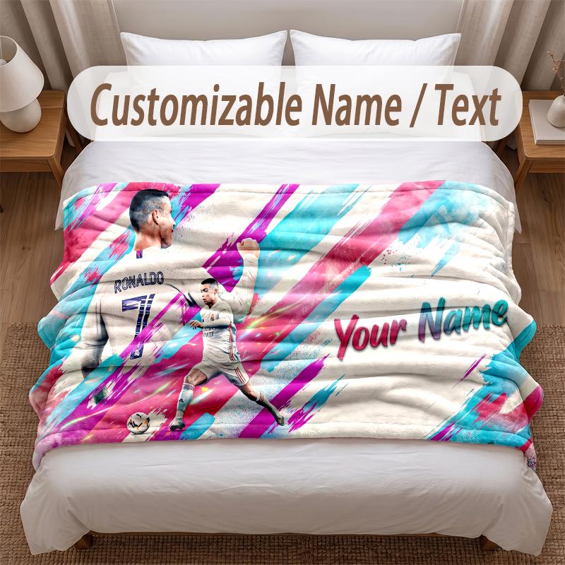 Cristiano Ronaldo Printed Flannel Blanket Custom Name Text Soft Warm Throw For Bedroom Holiday Gift
