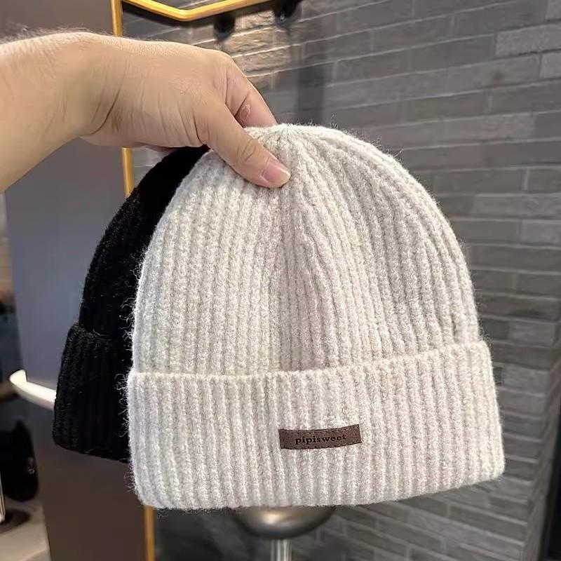 Korean Knitted Hat for Women's Trendy Letter Mark Wool Hat Warm Autumn and Winter Cold Hat Ear Protection Head Fashionable and Versatile