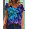 Women Tie-dye  Floral  Printed Colorful  Short Sleeve V Neck  Blouse Tops