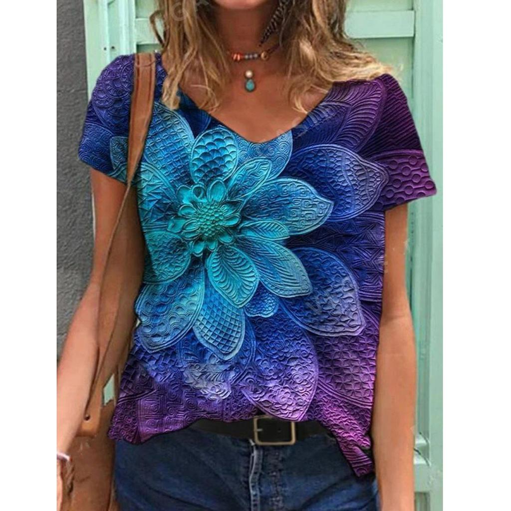 Women Tie-dye  Floral  Printed Colorful  Short Sleeve V Neck  Blouse Tops
