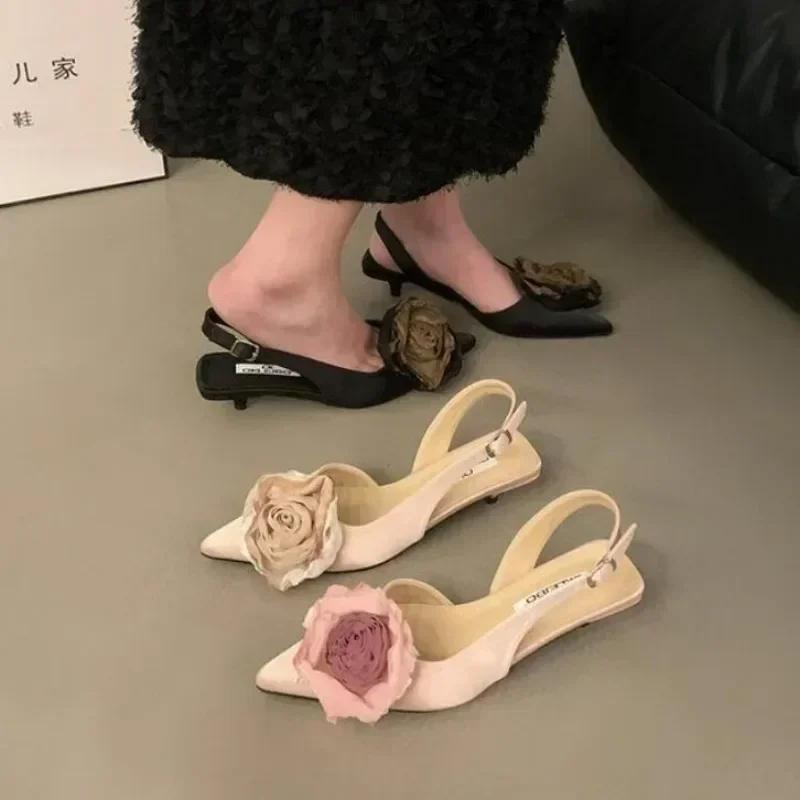 New Flower Designer Sandals Women Elegant Satin Mule Shoes Summer Pointed Toe Pumps Low Heel Flowers Slingback Zapatos De Mujer