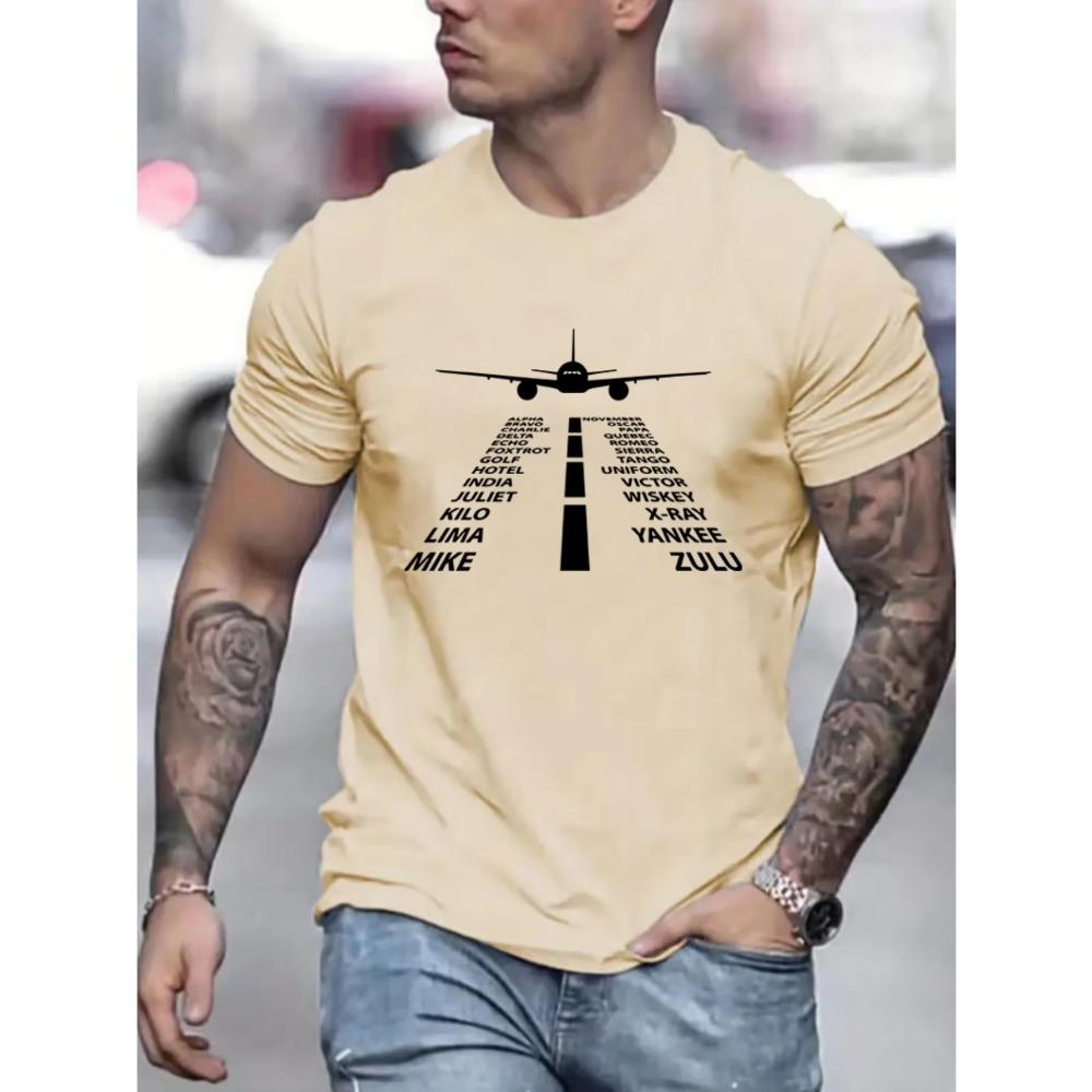 Airplane Graphic Print Men's Fashionable Summer Short Sleeve Sports Crew Neck T-shirt, Comfortable And Versatile Clothes