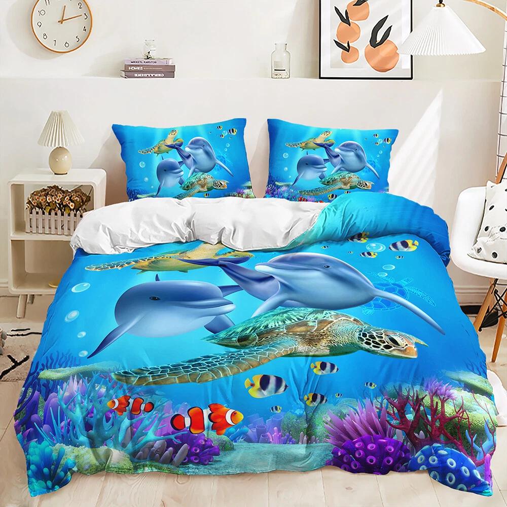 

Underwater Ocean Dolphin Turtle Duvet Cover Set, Coral Reef Bed Cover, Marine Home Decor, Beach Gift, Twin/Queen/King Size Bedding Set DE 100x135cm