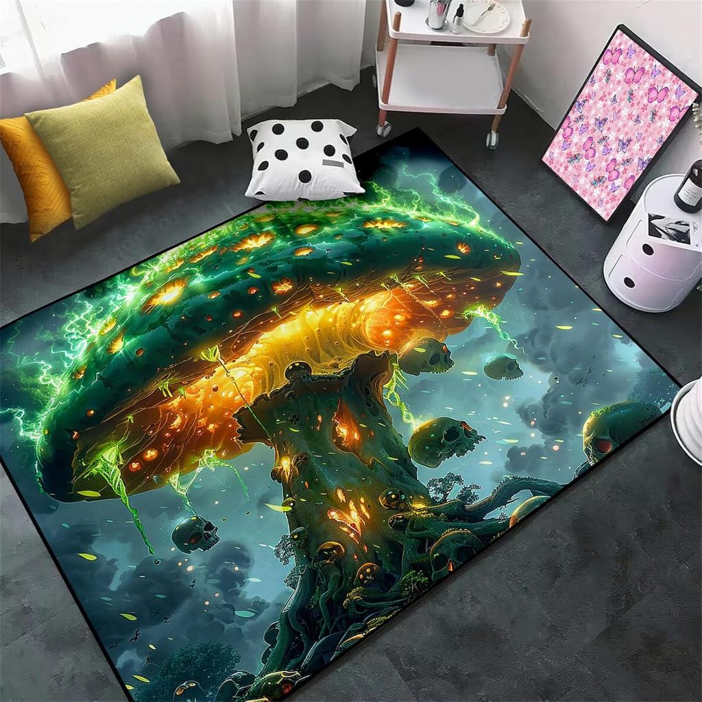 Dark Fantasy Pilzteppich Schädeldekor Spielkunst Rutschfeste Wohnzimmermatte Fantasy-Thema Heimdekor Teppich für Wohnzimmer Schlafzimmer