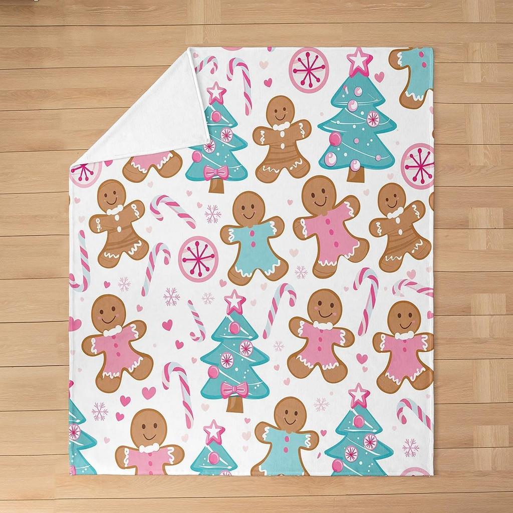 Gingerbread Xmas Flannel Blanket Blue Christmas Tree Candy Throw Blanket Western New Year Theme Cozy Throws for Bed Couch Sofa