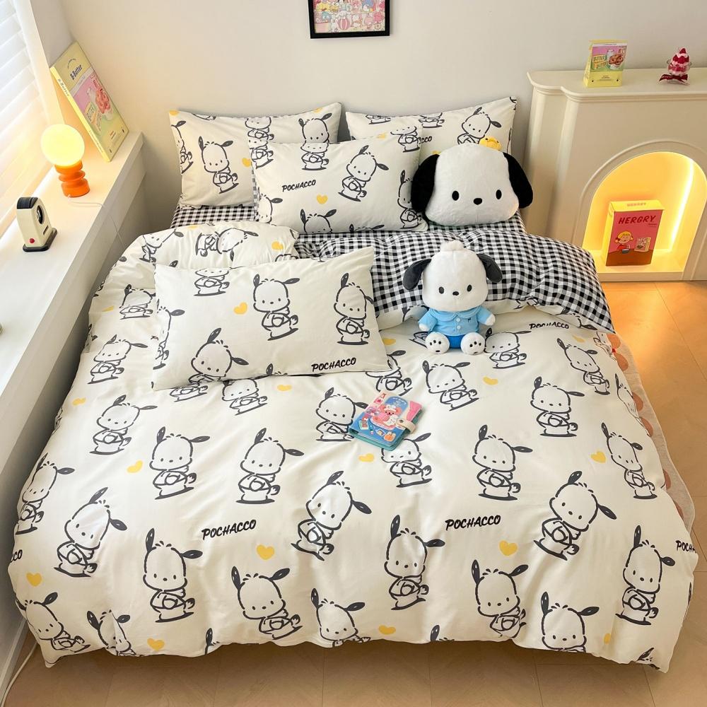 Cartoon Sanrio Kuromi Cinnamoroll Korean Version Sweet Lace Style Pure Cotton Bed Sheet Quilt Cover King Queen Three-Piece Set