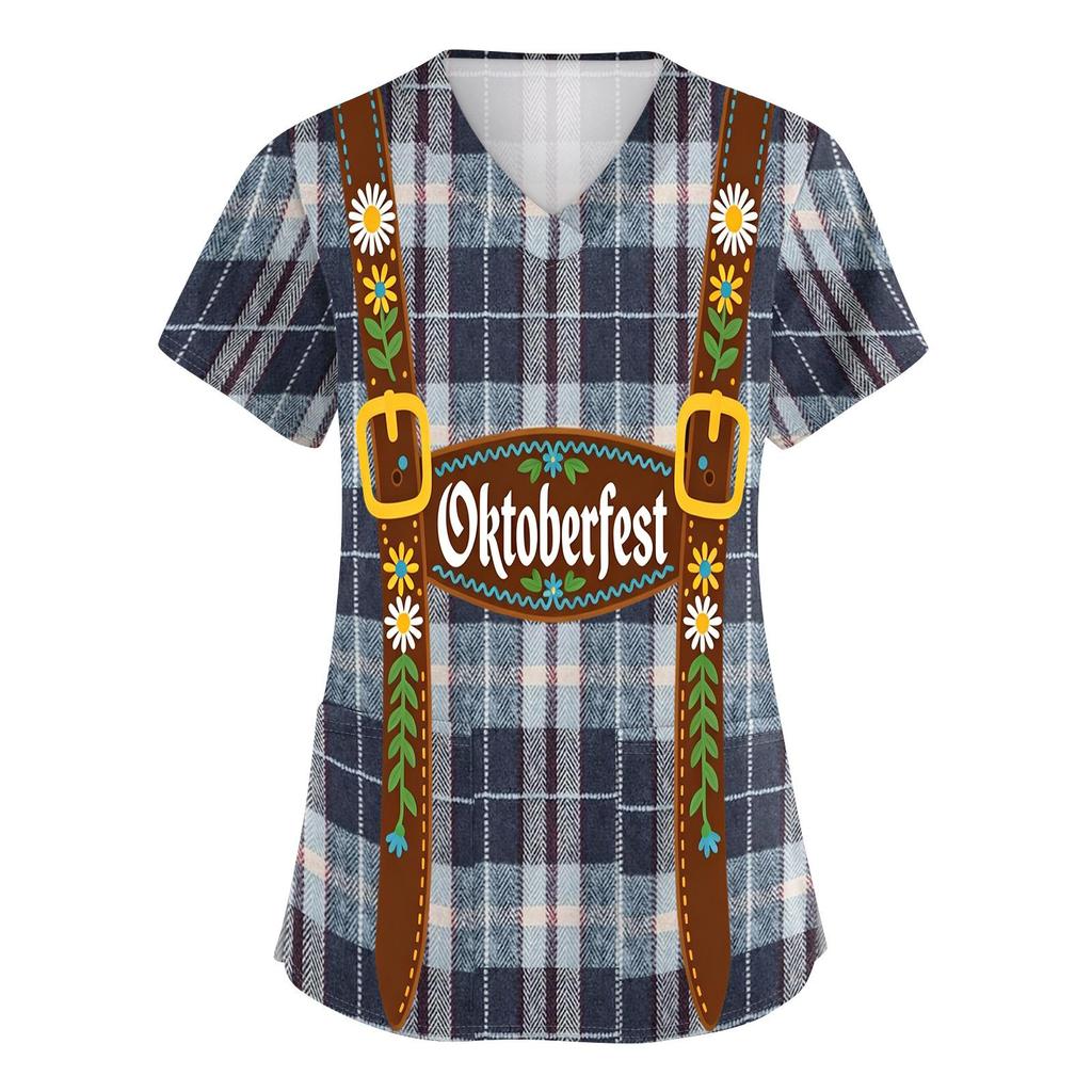 Women's V Neck Short Sleeve Work Shirt with Pockets Oktoberfest Print Lightweight Comfortable Fit Casual Top for Healthcare and Service Staff