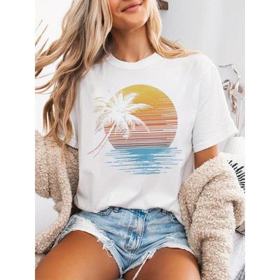 Tropical Palm Tree T-Shirt Soft Women's Tropical Palm Tree Graphic T-Shirt Short Sleeve Crew Neck Summer Woman