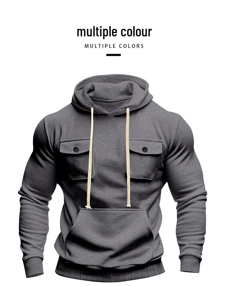Men's American Style Heavyweight Plus Velvet Hooded Outdoor Workwear Sweatshirt - Multi-Pocket, Long Sleeve, Autumn/Winter Warmth