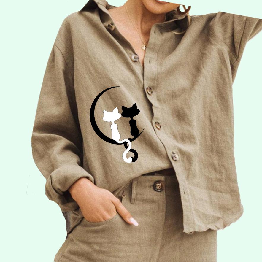 

Женская мода отложной воротник рубашка повседневный кошачий принт хлопок льняной топ женская блузка на пуговицах 3XL хаки