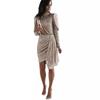 Women Sequin Cocktail Dress Mock Neck Long Sleeve Draped Asymmetric Hem Gold Ruched Elegant Fall Winter Evening Party Night Out Formal Midi Dress