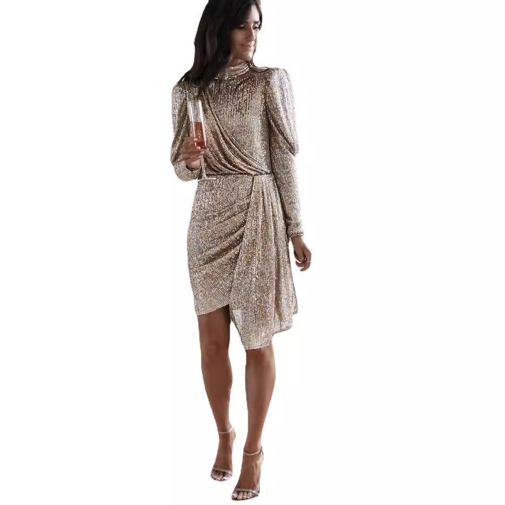 Women Sequin Cocktail Dress Mock Neck Long Sleeve Draped Asymmetric Hem Gold Ruched Elegant Fall Winter Evening Party Night Out Formal Midi Dress