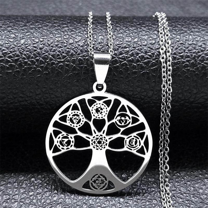 7 Chakra Healing Tree of Life Necklace for Women Men Stainless Steel Silver Color Spiritual Buddhism Necklace Jewelry bijoux