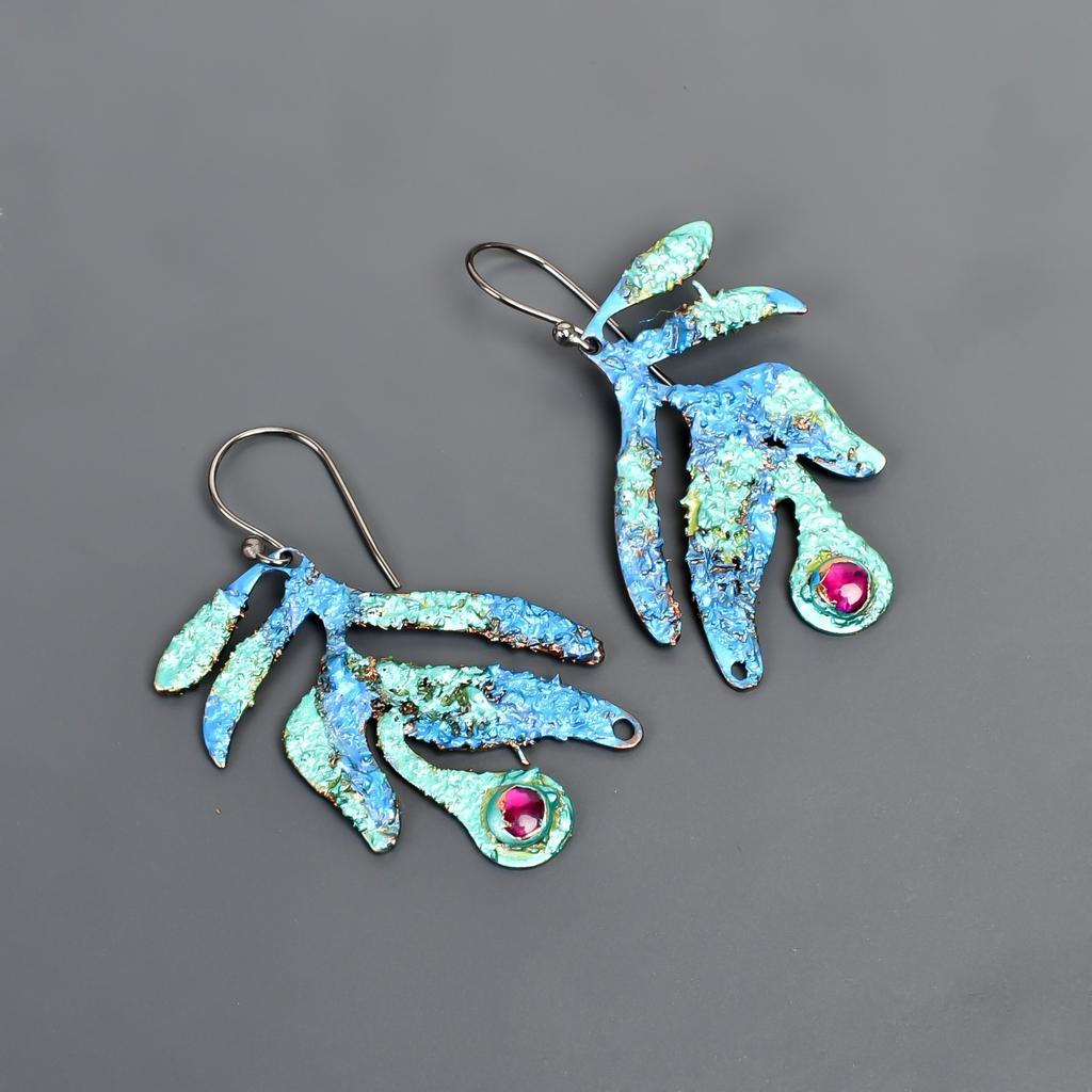 Natural Pink Ruby Copper July Dangle Multi Electroformed Anniversary EarringsRou V-92