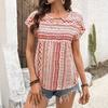 Women's Fashion Summer Shirt Geometric Pattern Round Neck Loose Short Sleeved Shirt Top
