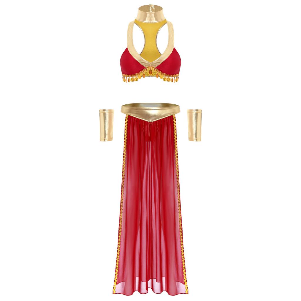 4-Piece Egyptian Queen Costume Set S-4XL for Womens - Crop Top Collar Sleeves and Side Slit Chiffon Skirt with Metallic Shiny Details