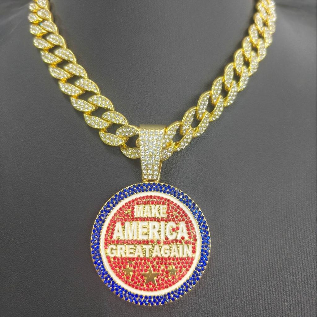 Europe and America's Popular Round Brand Make America Create AGAIN Letter Alloy Color Diamond Pendant Men's Necklace