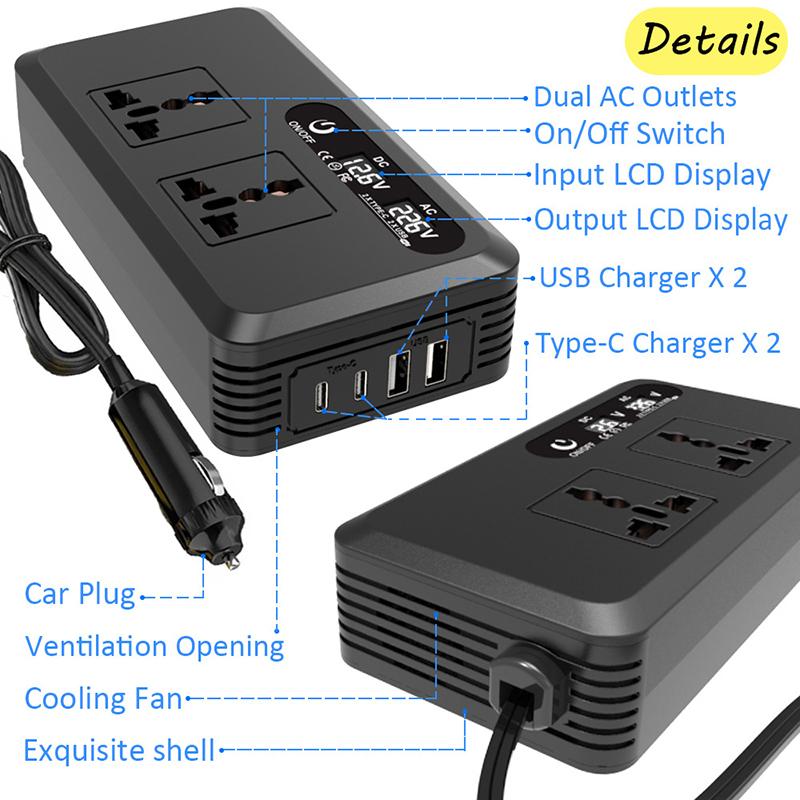 200W Multifunctional Car Inverter 12V to 220V EU Sockets USB C Port Cigarette Lighter Plug for Drivers