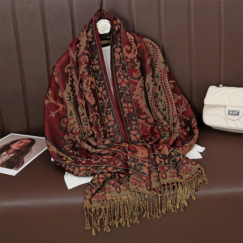 Bohemia Ethnic Style Women Scarf Retro Jacquard Thick Cashmere Tassel Shawl Winter Warm Muslim Hijab Wrap Pashmina