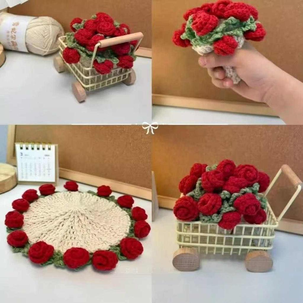 Rose Bouquet Coaster Hand Woven Rose Bouquet Placemat Crochet Flower Placemat Plant Ornament Decor Finished Product Gift