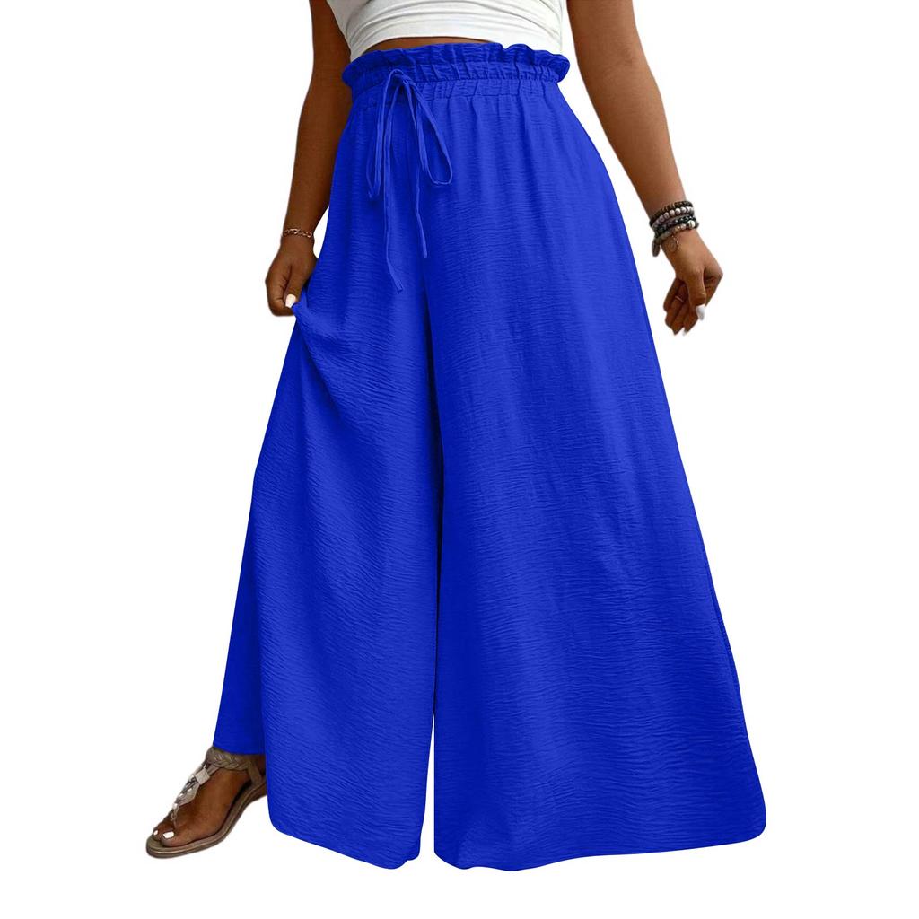 Women High Waist Wide Leg Palazzo Pants Drawstring Elastic Waist Loose Fit Flowy Long Trousers with Pockets for Casual Daily Wear