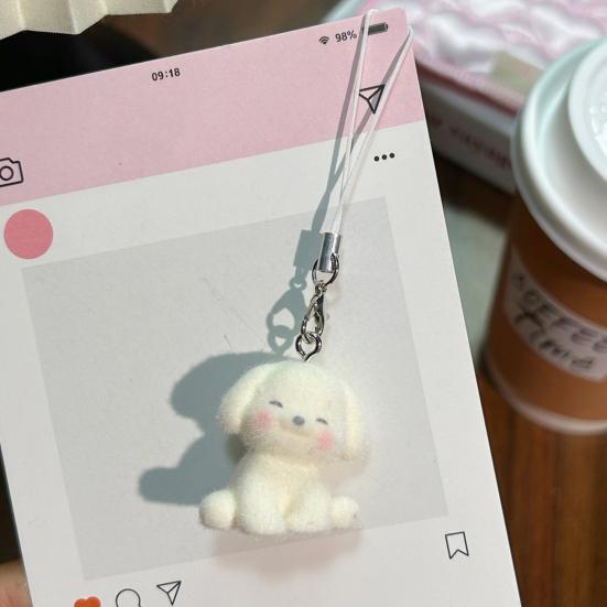 Decorative Pendant Flocking Puppy Shape Keychain Bag Charm with Lanyard Mobile Phone Bag Hanging Ornament