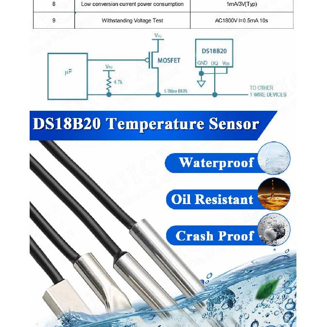 DS18B20 Temperature Sensor Probe 304 Stainless Steel 6*30MM OD 3.0MM Waterproof Dustproof Sensors Cable 1M Length