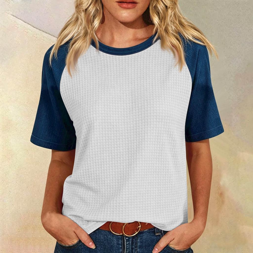 Women’s Casual Vintage Lightweight Plus Size Waffle Knit Raglan Crewneck Top Loose Fit Short Sleeve Pullover Shirt