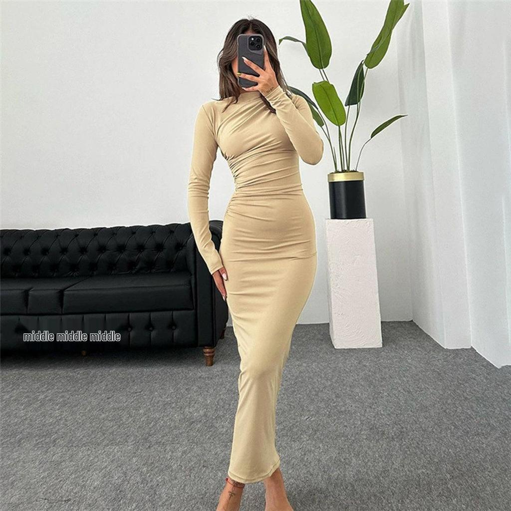2026 European & American Slim Fit Solid Color Bodycon Dress - Long, Elegant, Temperamental, for Women: Spring/Autumn