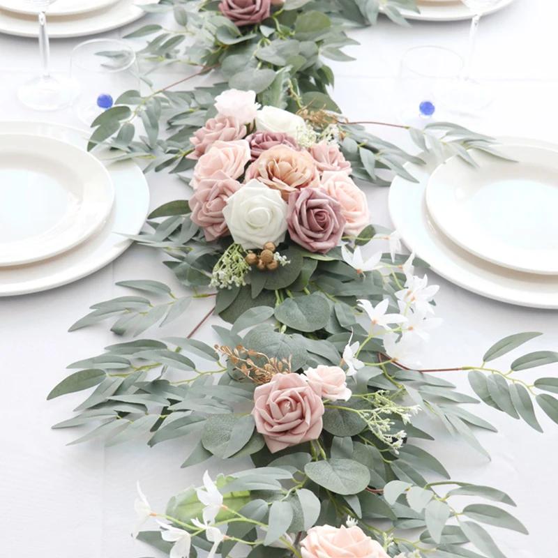 1.8/2.7M Artificial Flowers Wedding Eucalyptus Garland with Rose Wedding Table Centerpieces Boho Bridal Shower Decoration Wreath