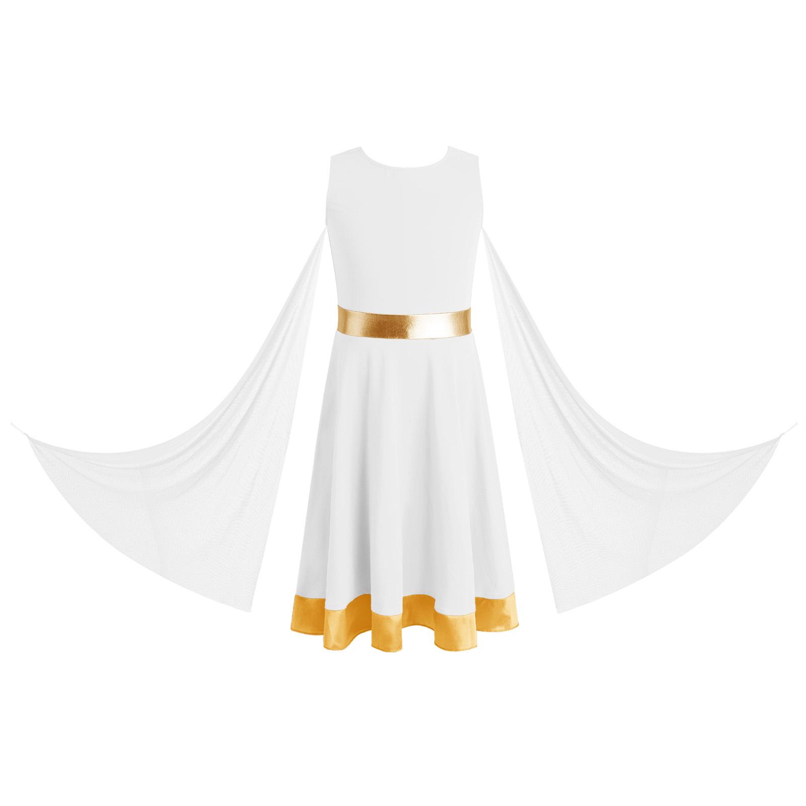 

Girls Liturgical Praise Dance Tunic Dress Metallic Contrast Color Hem Back Invisible Zipper Mesh Drapes 5-6 Years білий